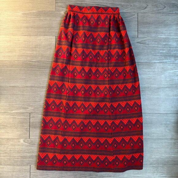 Vintage 70s High Waist Knit Maxi Skirt Geometric Print Autumnal Size XS - Picture 1 of 3